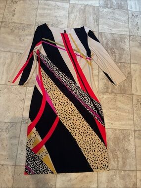 Lori M Collection Striped & Spotted Midi Dress in Black, Cream & Pink